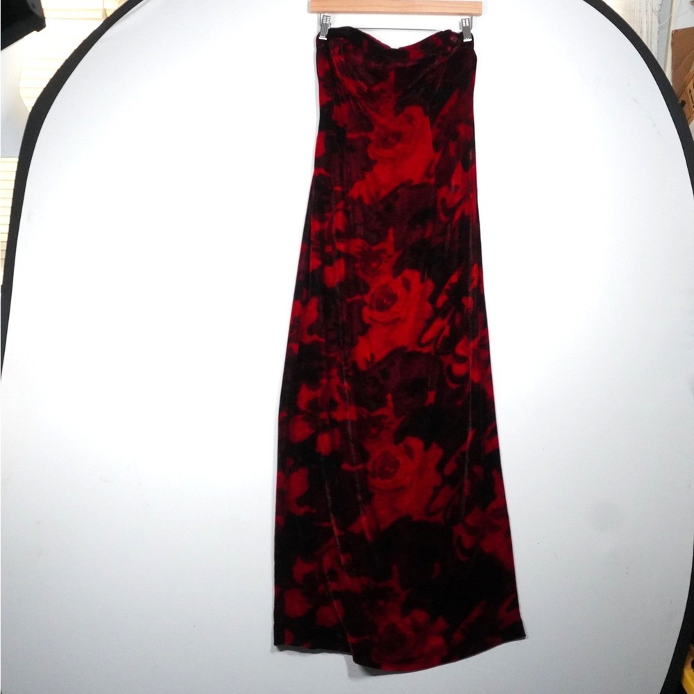 Tahari‎ Red Black Floral Silk Velvet Strapless Gown Dress 6 Dark Coquette Goth